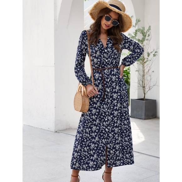 Floral Print Navy Blue Maxi Buttoned Up Dress - Picture 5 of 8